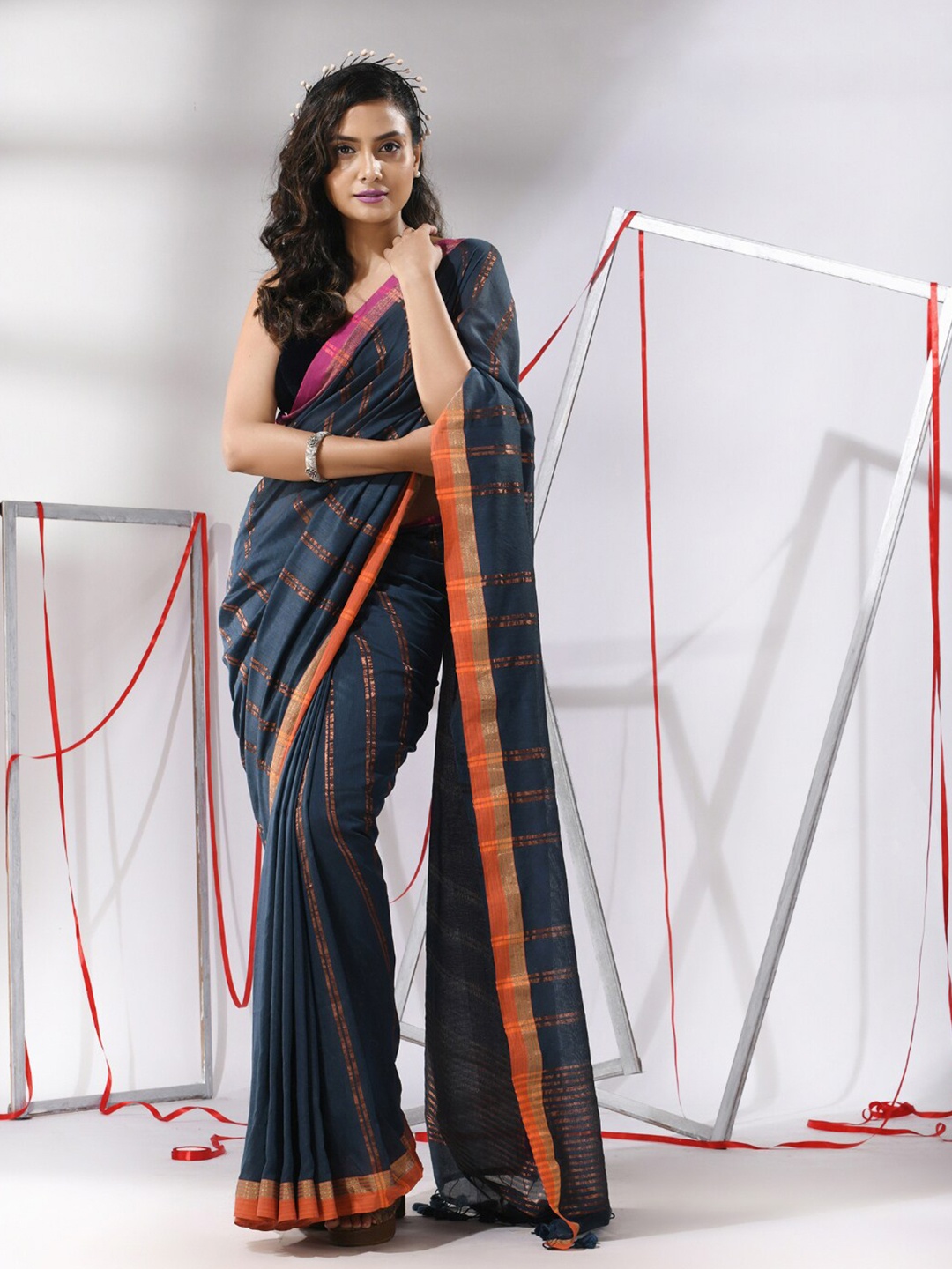 

Charukriti Striped Woven Design Zari Pure Cotton Saree, Grey