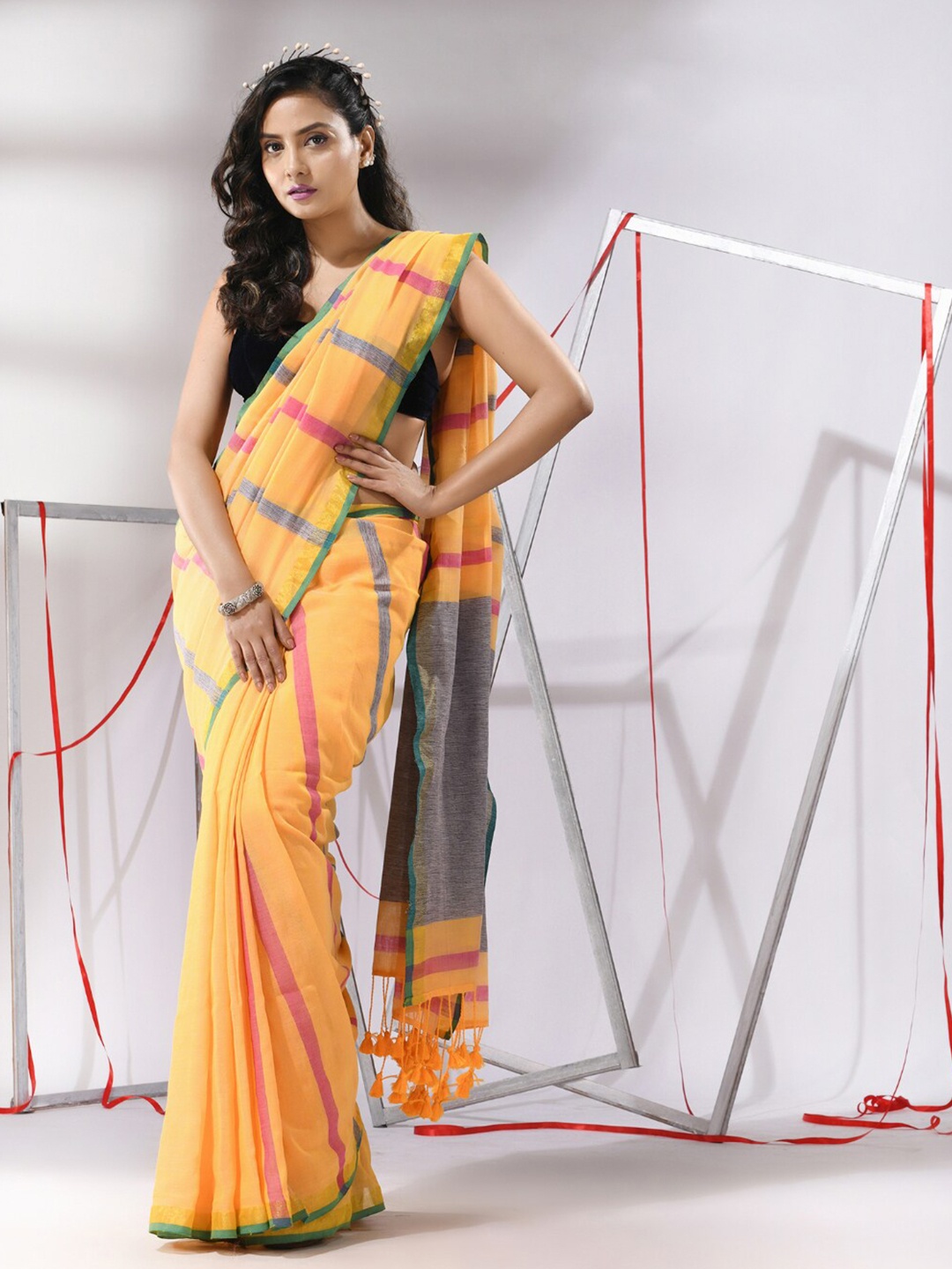 

Charukriti Striped Zari Pure Cotton Saree, Yellow