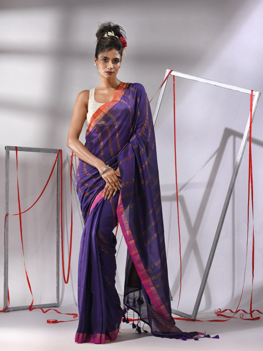 

Charukriti Striped Zari Pure Cotton Saree, Blue