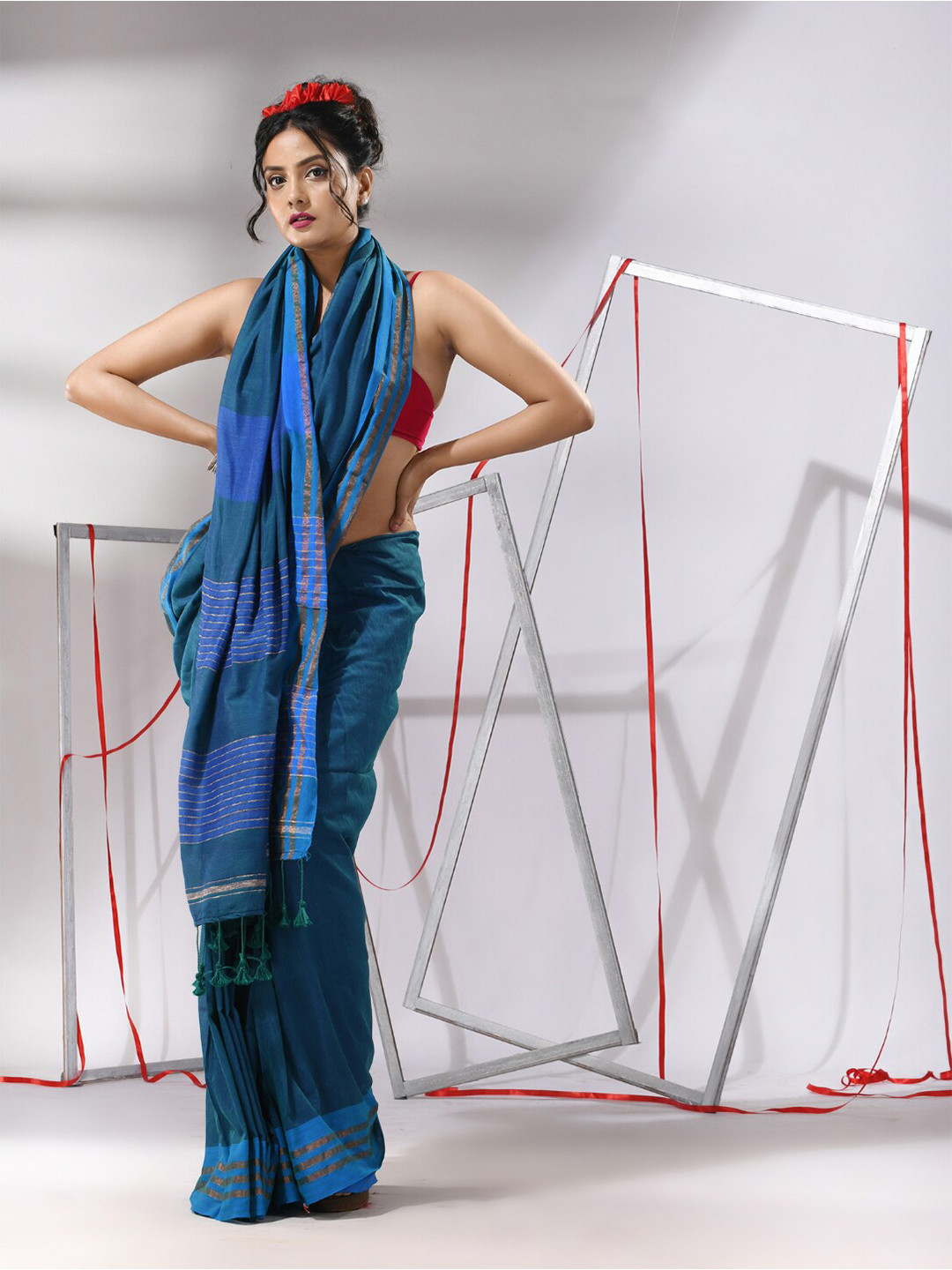 

Charukriti Striped Zari Pure Cotton Saree, Blue