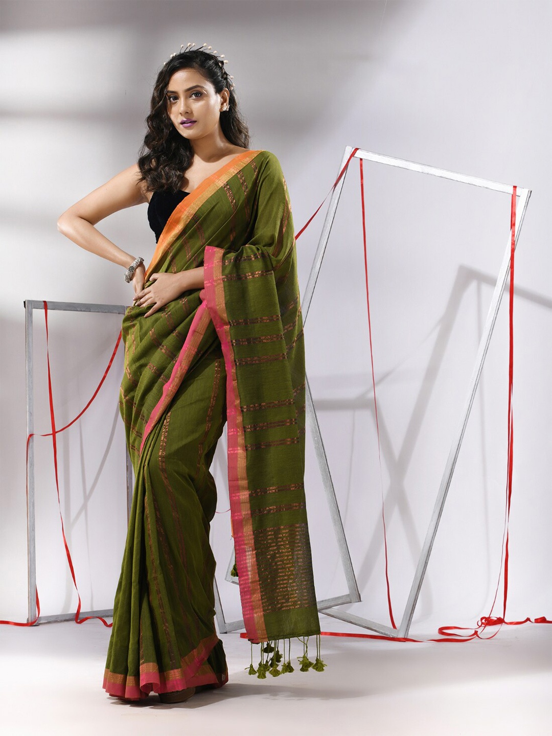 

Charukriti Striped Zari Pure Cotton Saree, Green