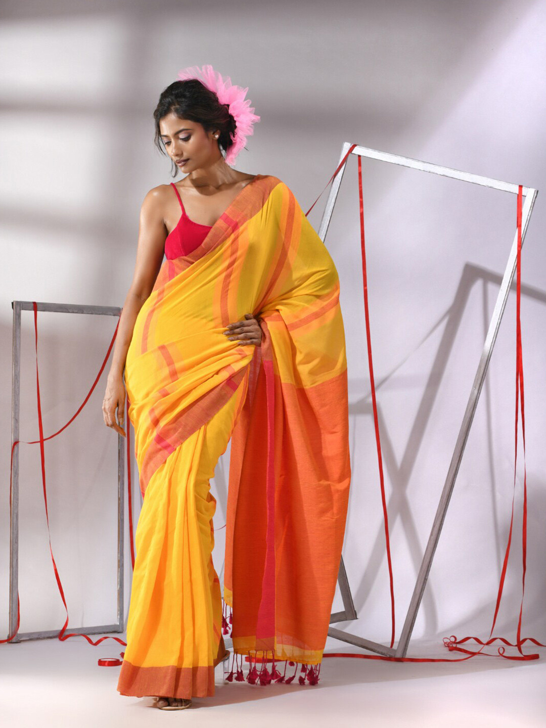 

Charukriti Striped Pure Cotton Saree, Yellow