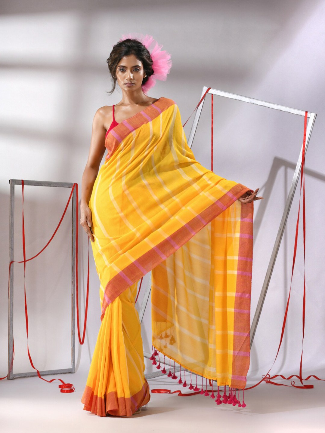 

Charukriti Striped Pure Cotton Saree, Yellow