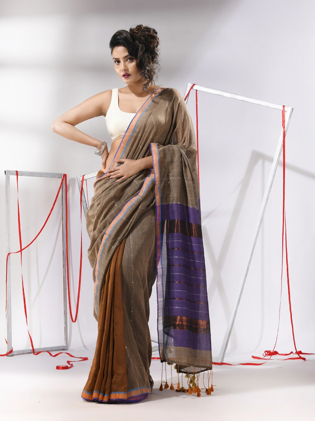 

Charukriti Striped Zari Pure Cotton Saree, Beige