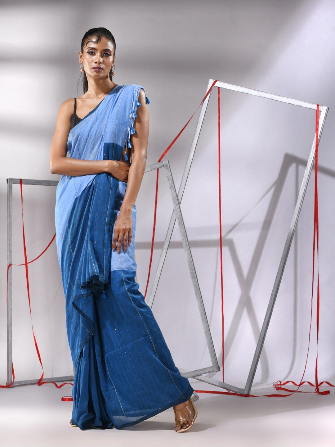 

Charukriti Striped Zari Pure Cotton Saree, Blue