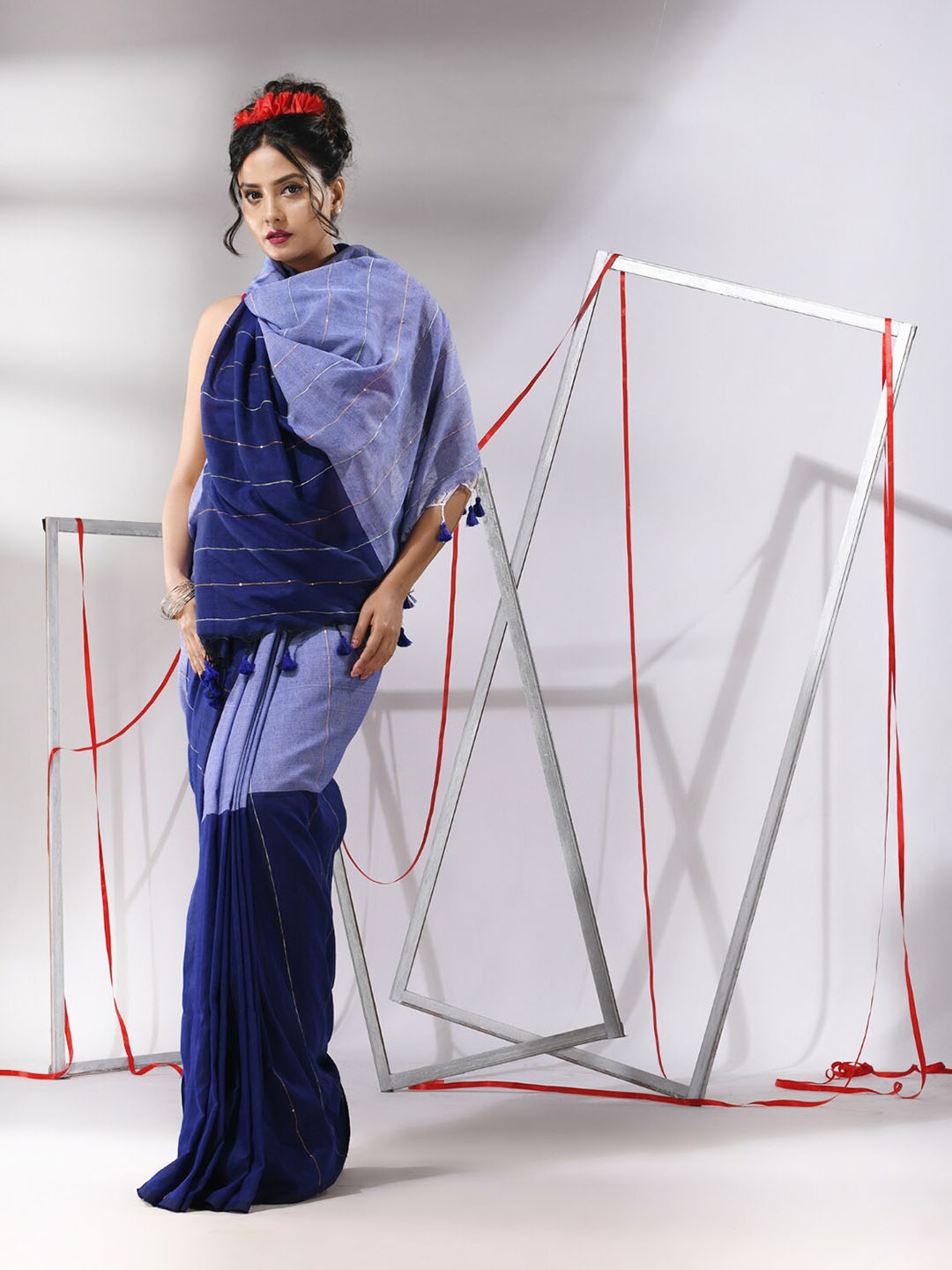 

Charukriti Striped Zari Pure Cotton Saree, Blue