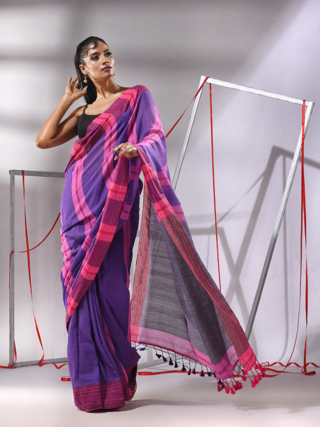 

Charukriti Striped Zari Pure Cotton Saree, Blue