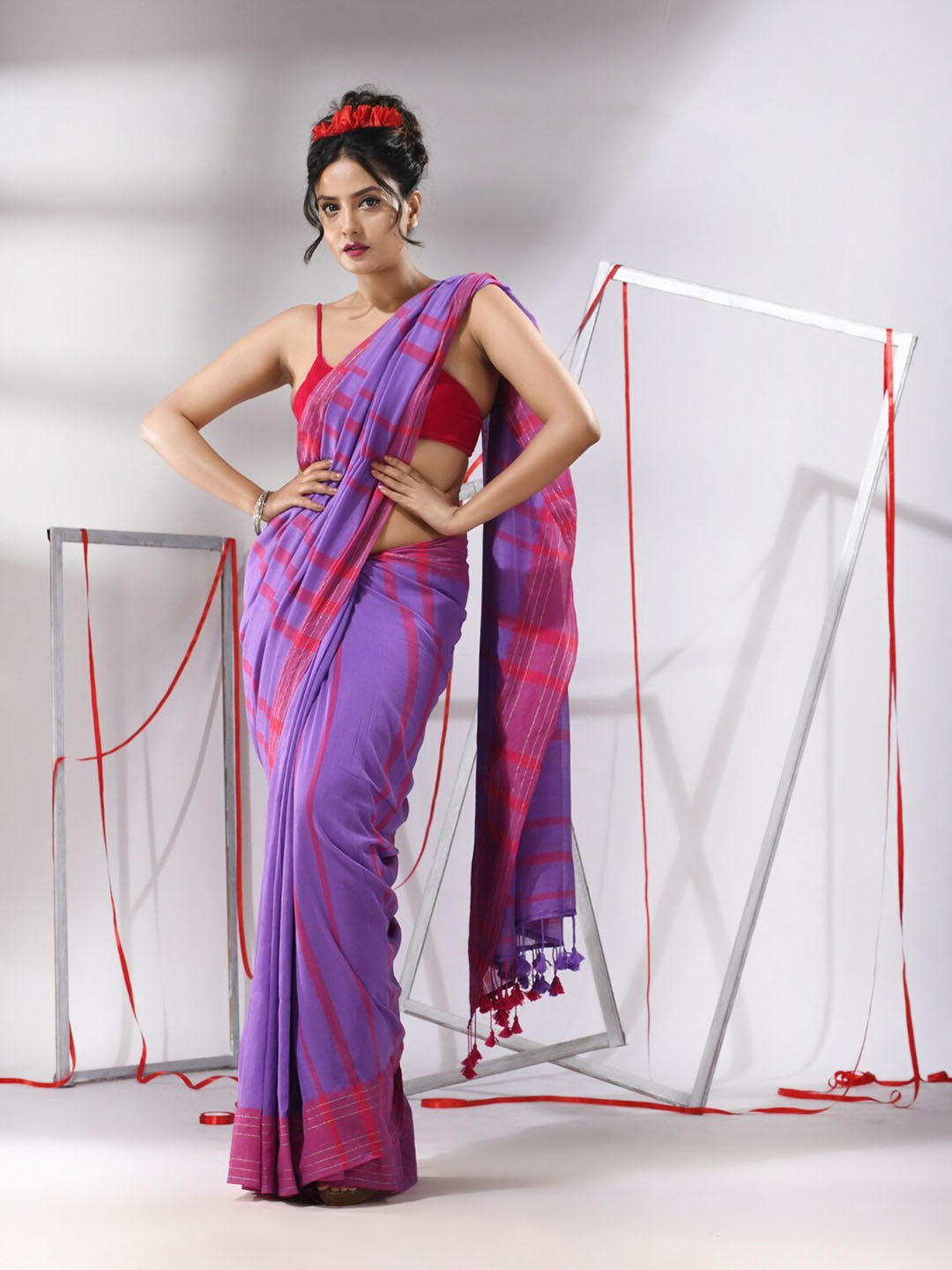 

Charukriti Striped Zari Pure Cotton Saree, Violet