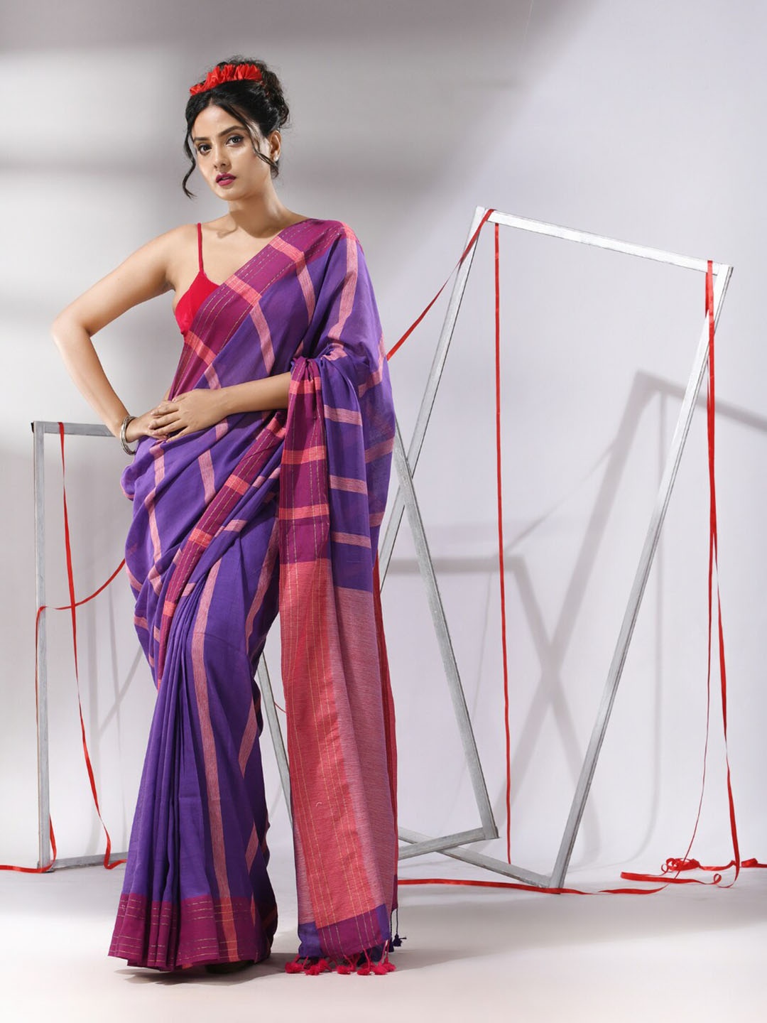 

Charukriti Striped Zari Pure Cotton Saree, Blue