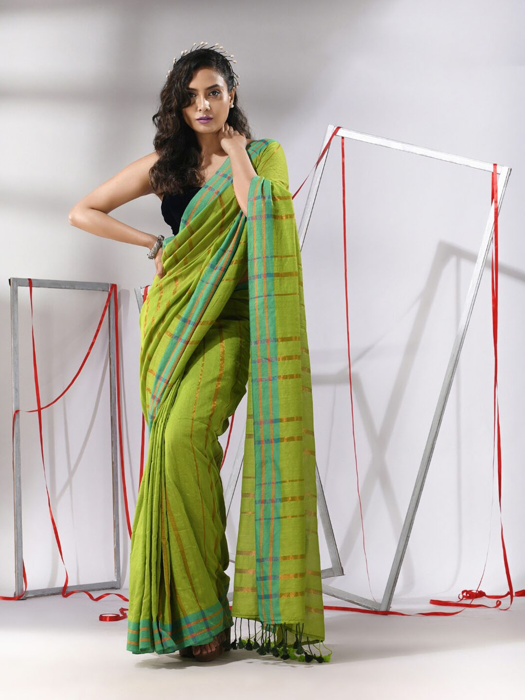 

Charukriti Striped Zari Pure Cotton Saree, Green