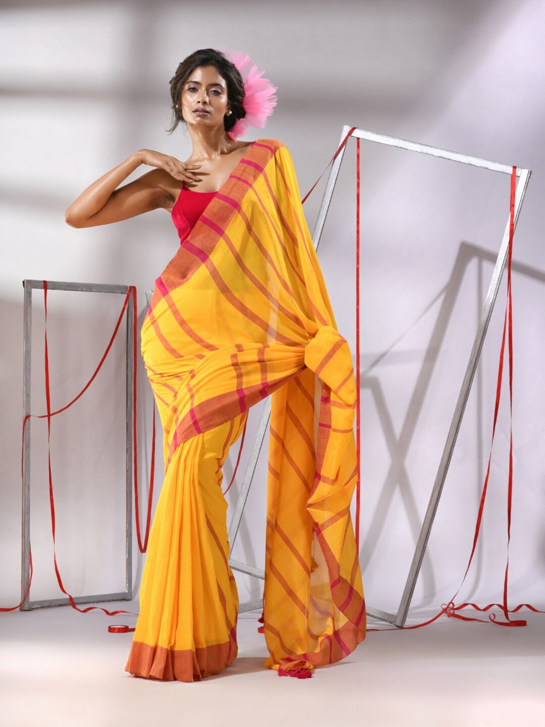 

Charukriti Striped Pure Cotton Saree, Yellow