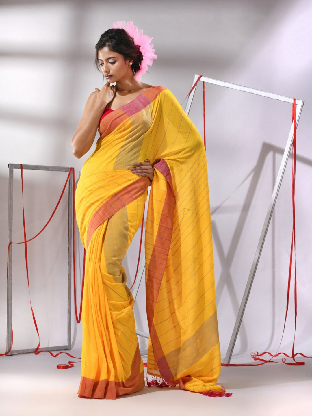 

Charukriti Striped Pure Cotton Saree, Yellow