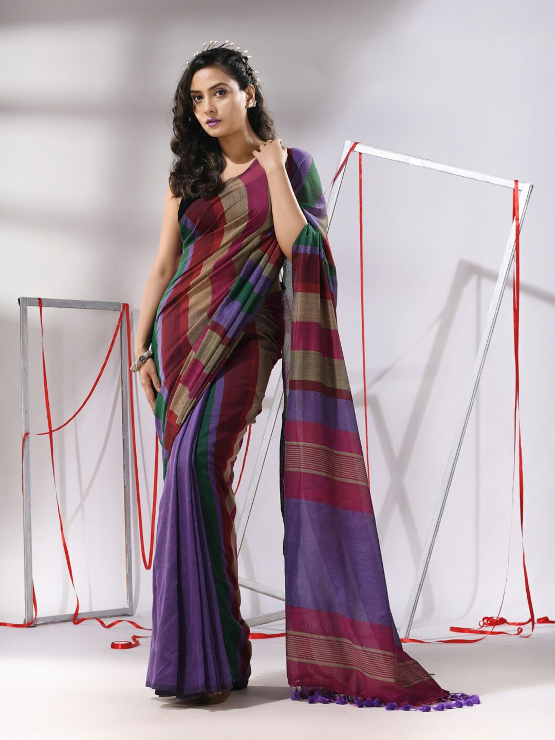 

Charukriti Striped Pure Cotton Saree, Purple