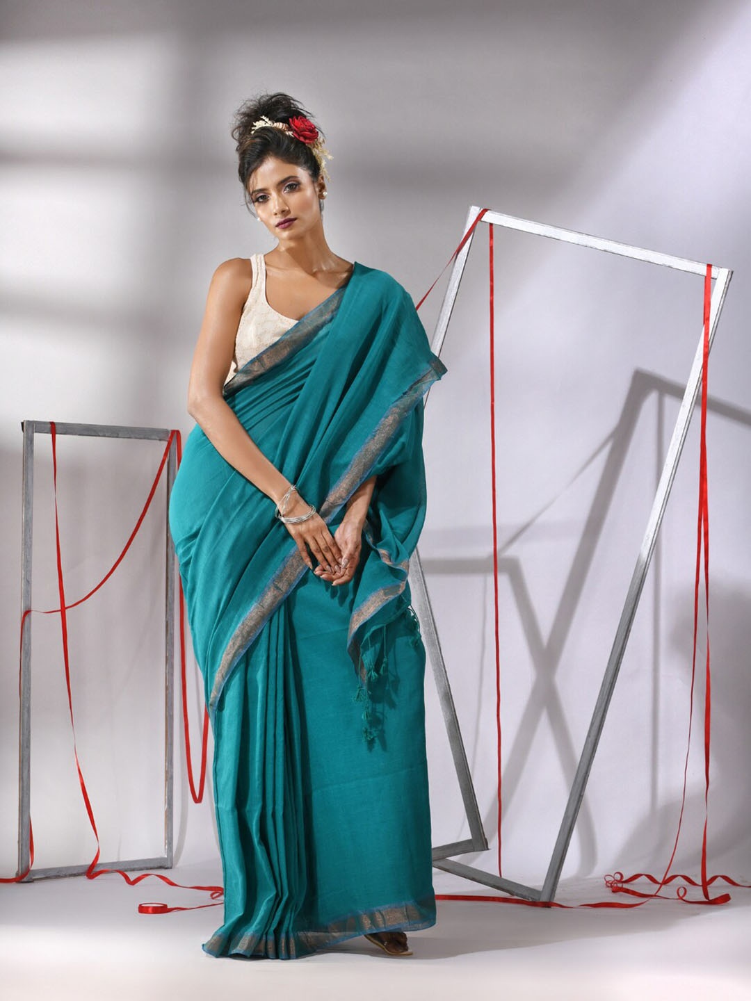 

Charukriti Zari Detailed Pure Cotton Saree, Teal