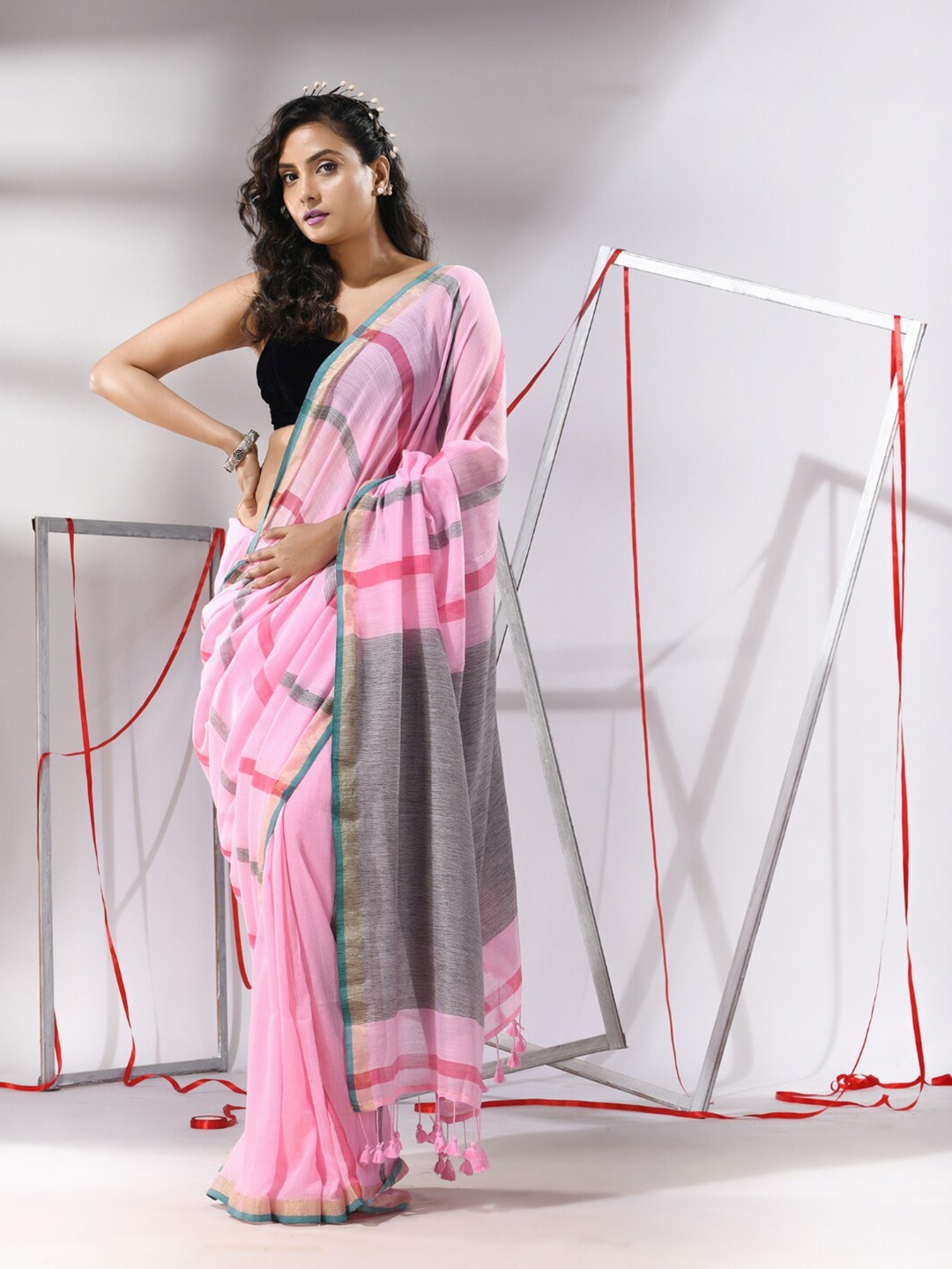 

Charukriti Striped Zari Pure Cotton Saree, Pink