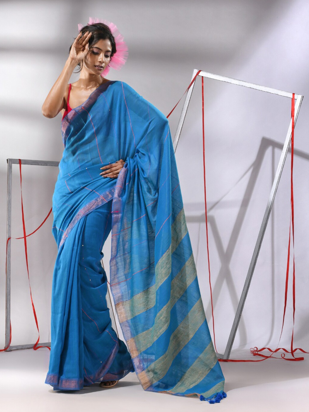 

Charukriti Striped Zari Pure Cotton Saree, Blue