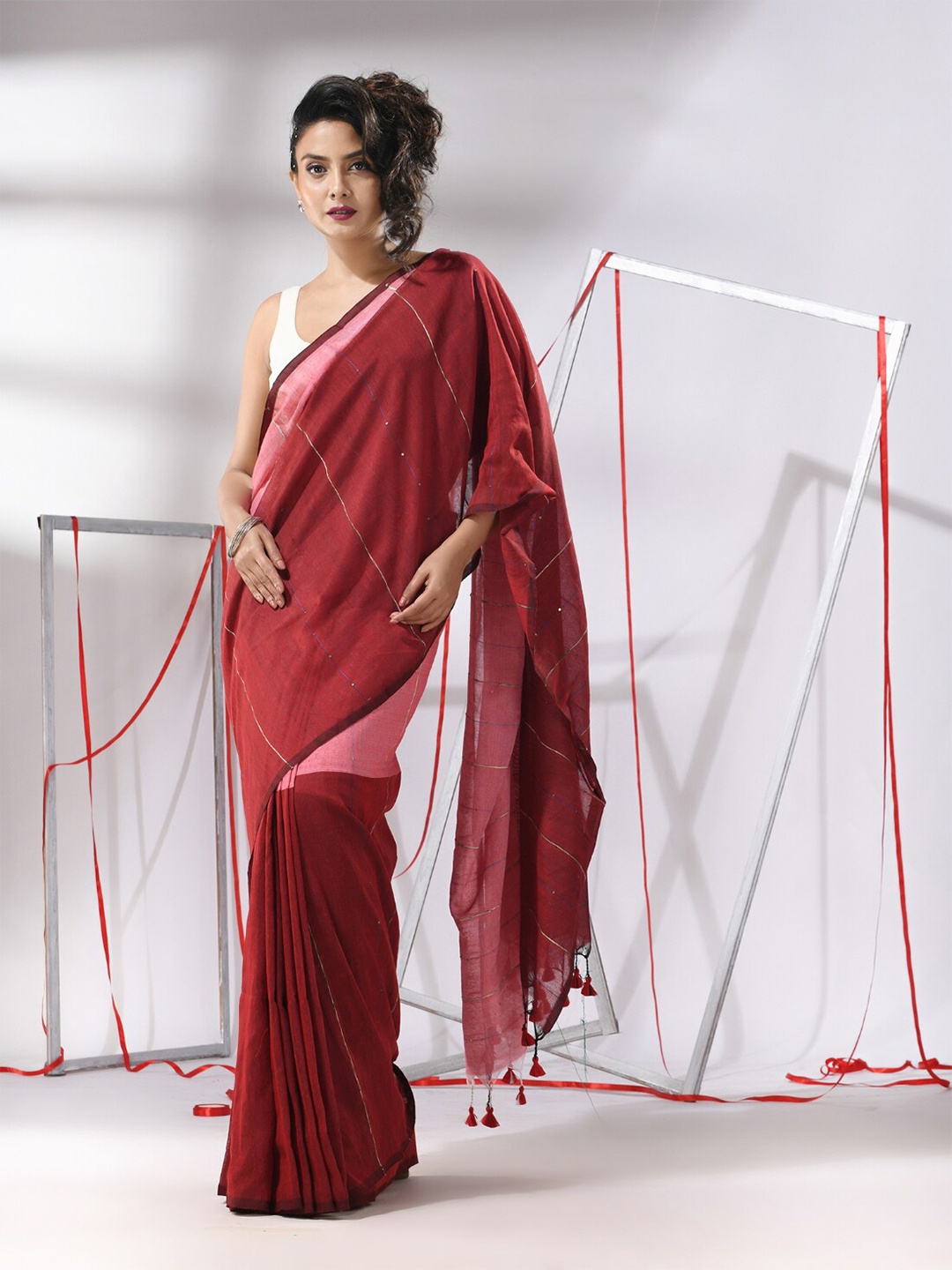 

Charukriti Striped Zari Pure Cotton Saree, Red