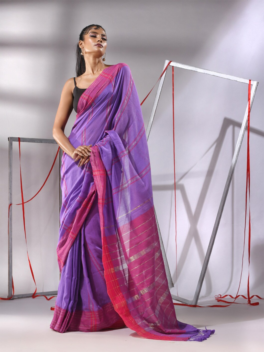 

Charukriti Striped Zari Pure Cotton Saree, Purple