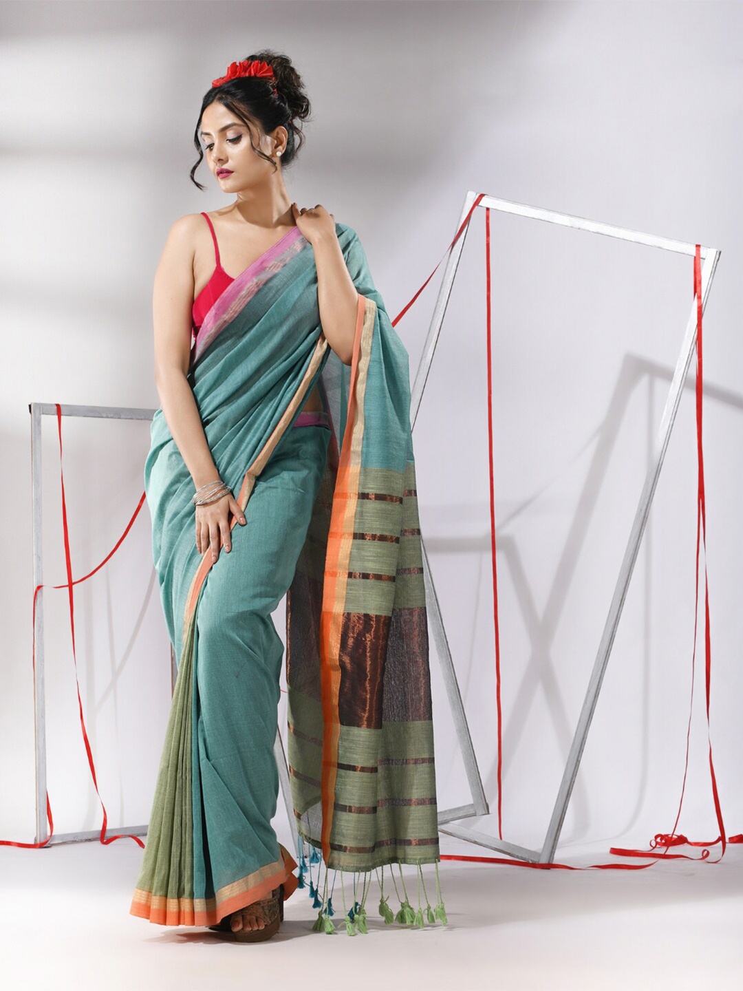 

Charukriti Striped Zari Pure Cotton Saree, Blue