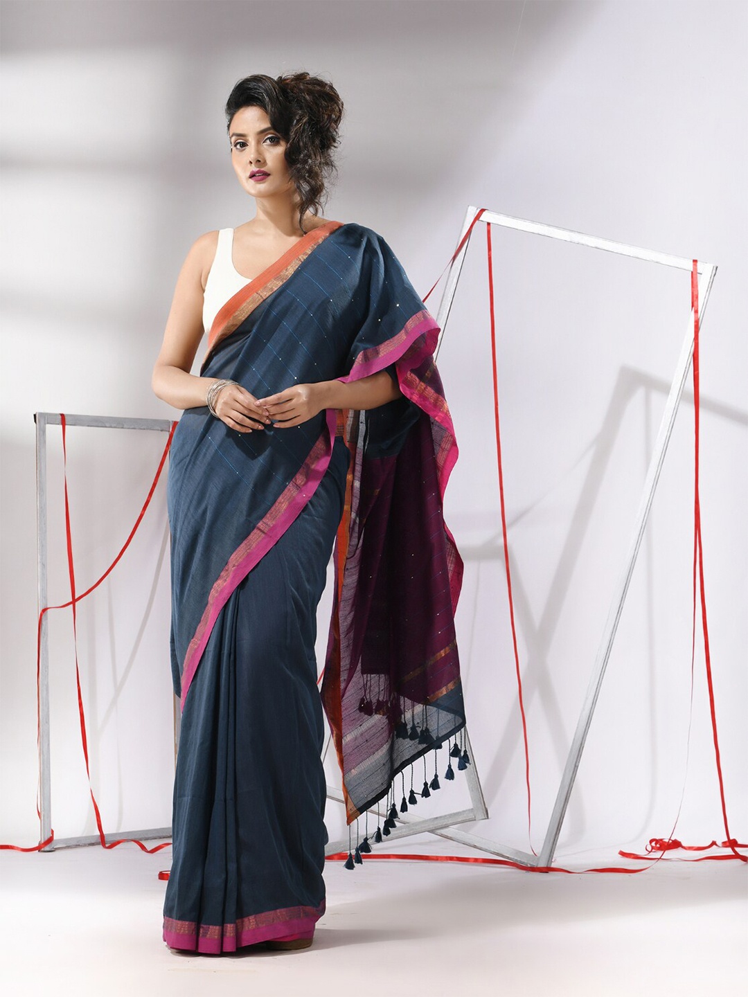 

Charukriti Striped Sequinned Detailed Pure Cotton Saree, Grey