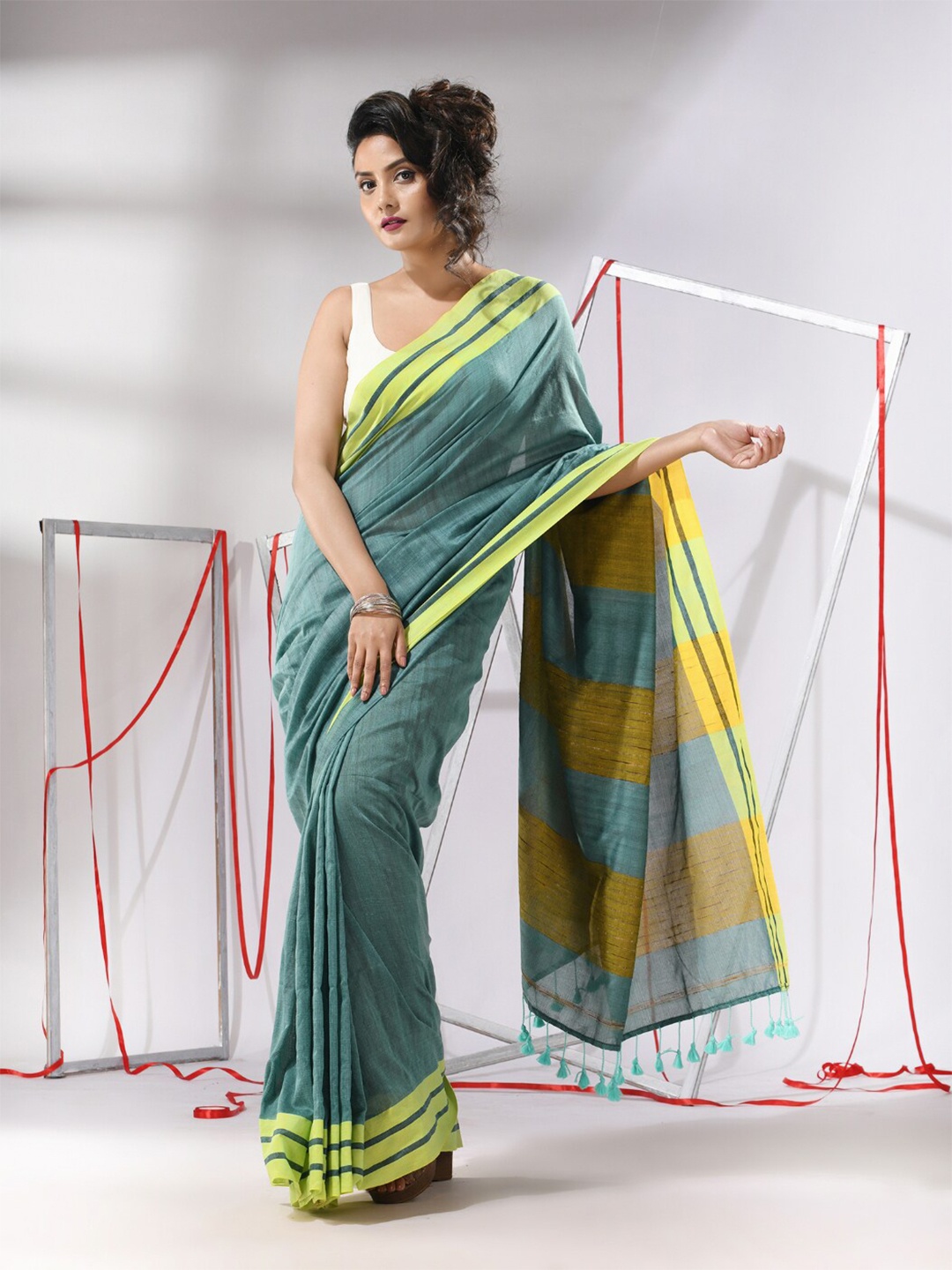 

Charukriti Striped Woven Design Pure Cotton Saree, Teal