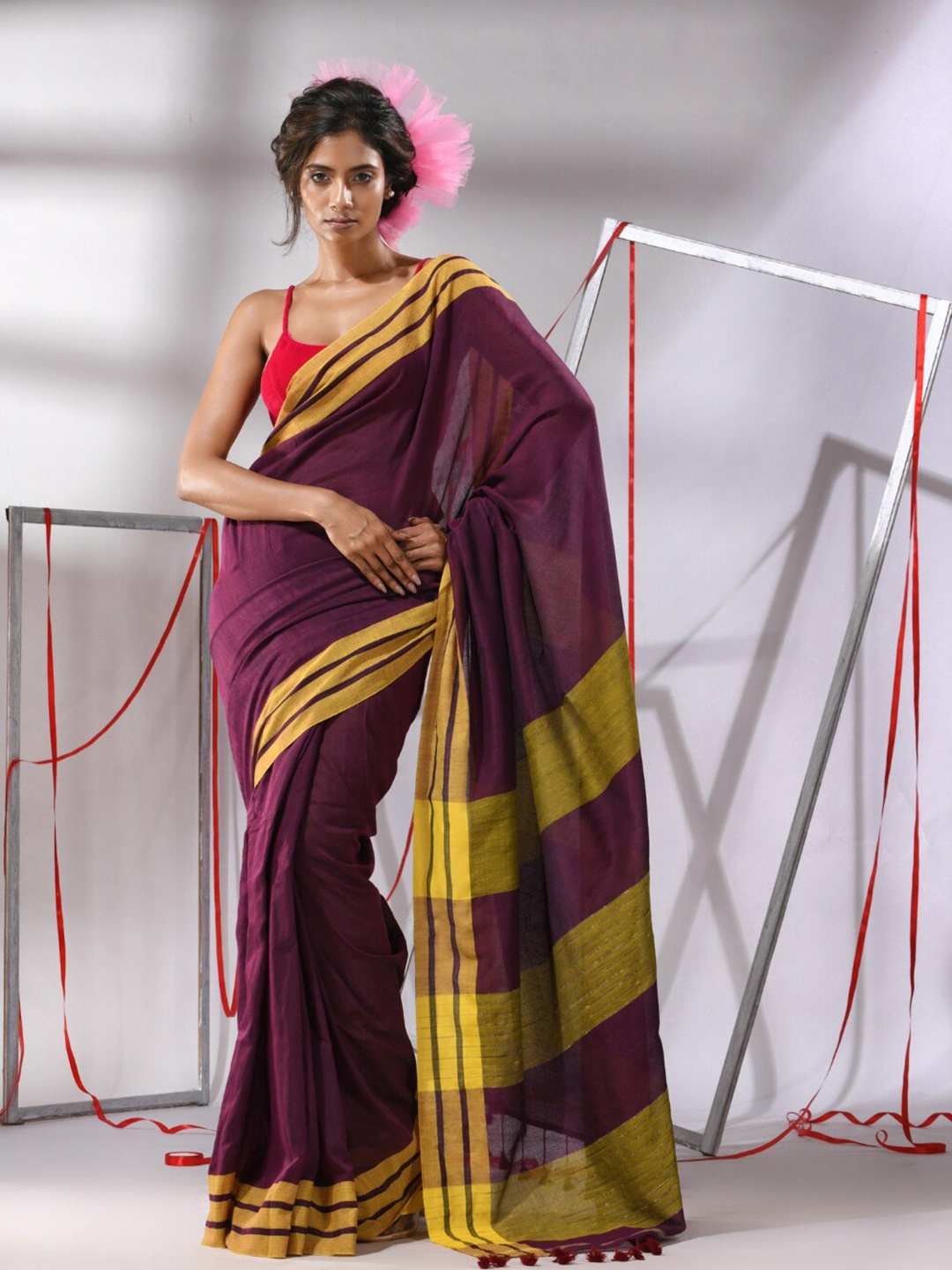 

Charukriti Striped Border Pure Cotton Saree, Purple