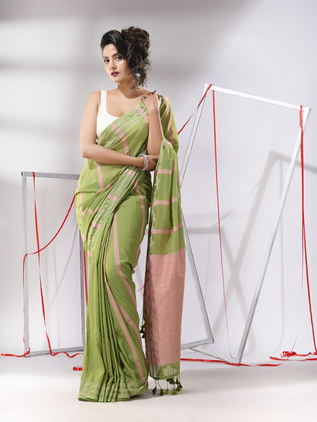 

Charukriti Striped Zari Pure Cotton Saree, Green
