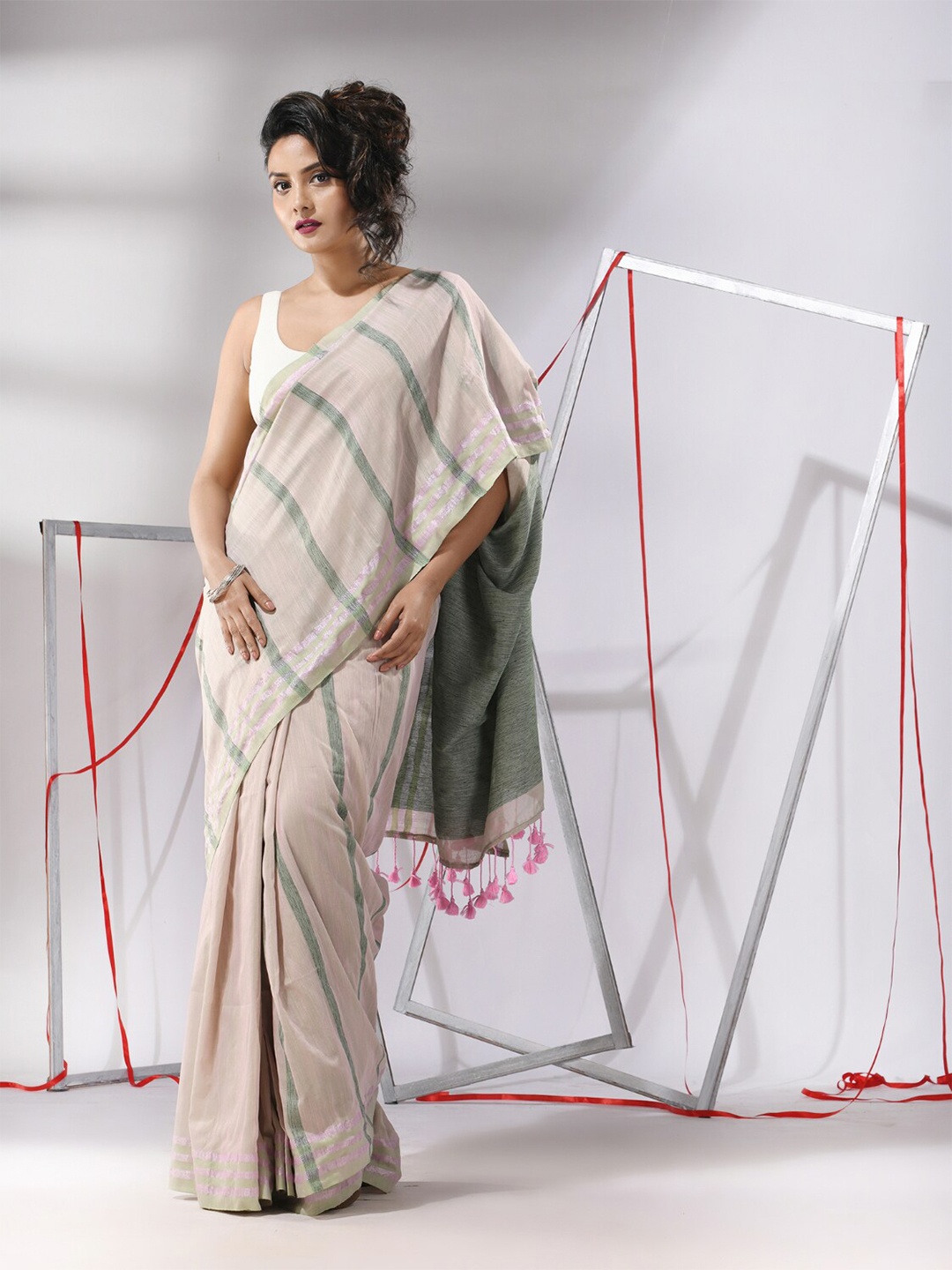 

Charukriti Striped Zari Detailed Pure Cotton Saree, Beige