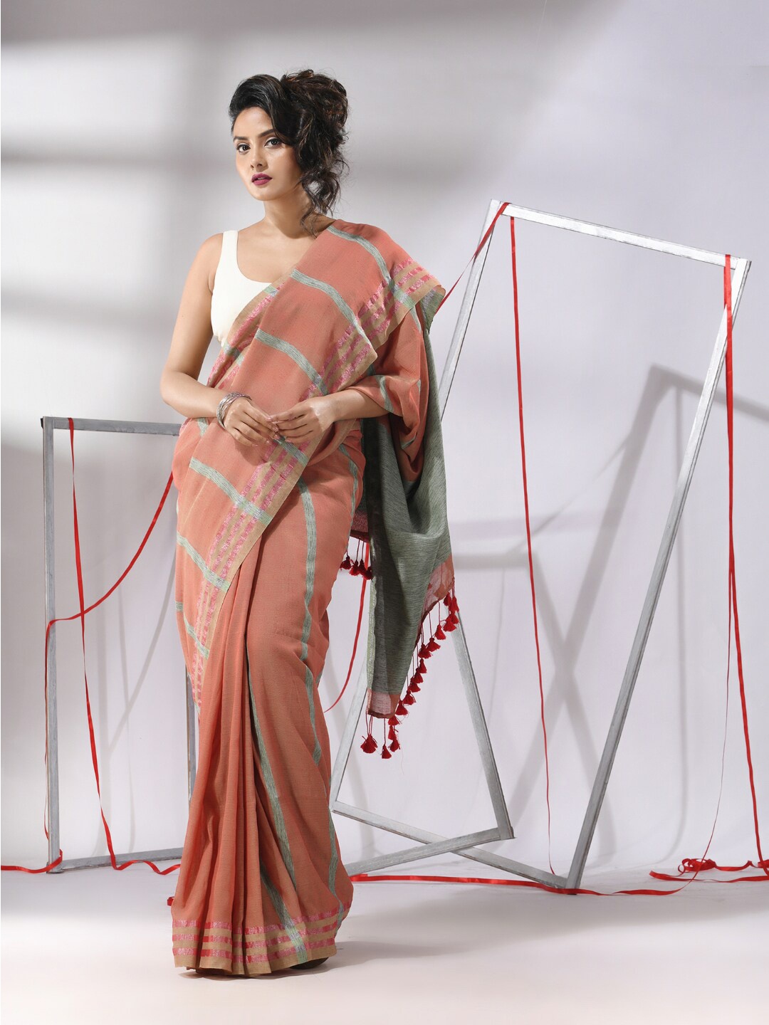 

Charukriti Striped Zari Detailed Pure Cotton Saree, Peach