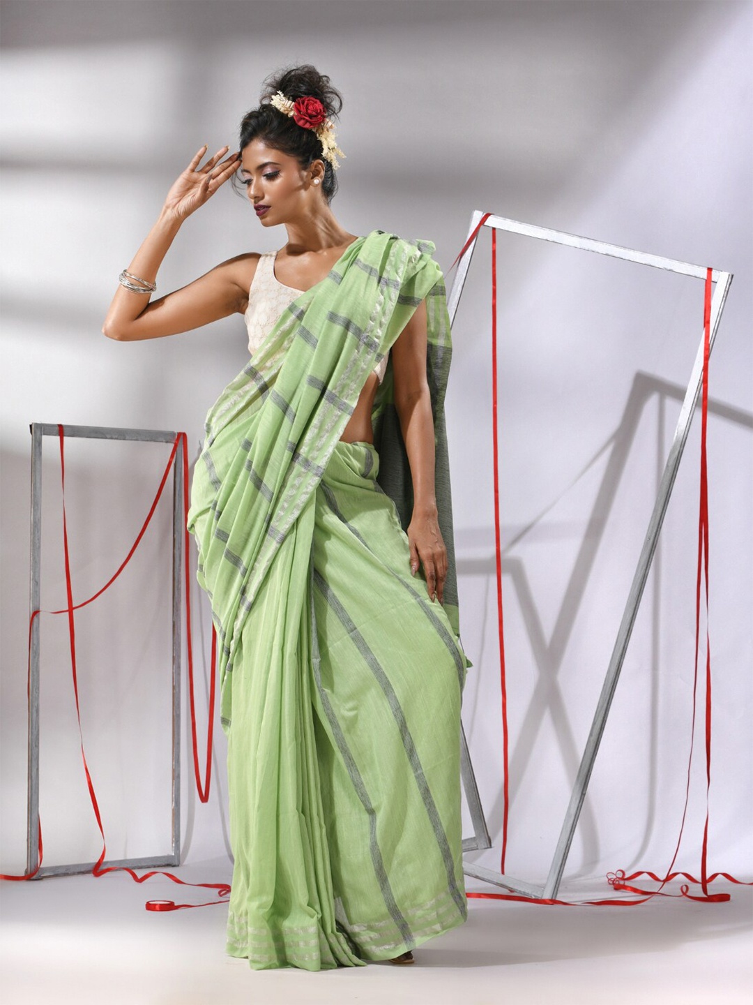 

Charukriti Striped Zari Pure Cotton Saree, Green