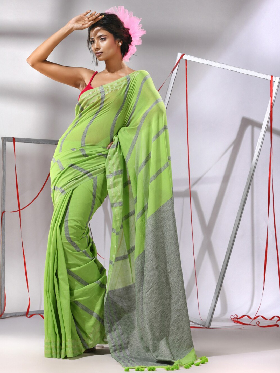 

Charukriti Striped Zari Pure Cotton Saree, Green