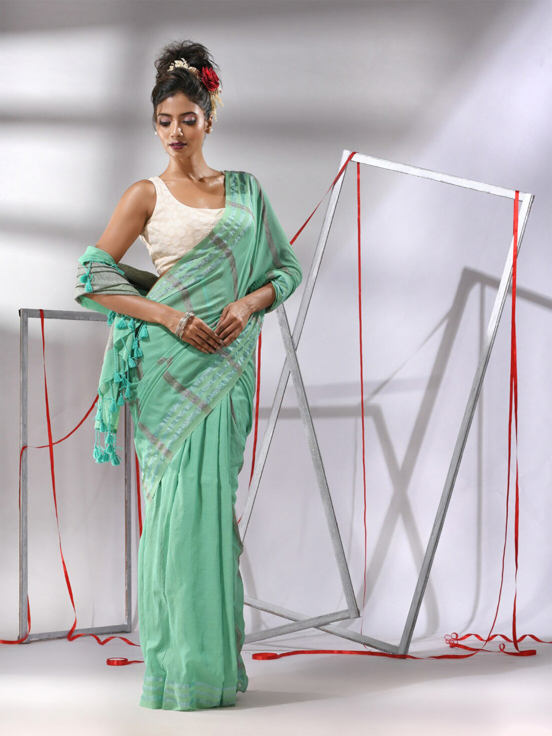 

Charukriti Striped Zari Pure Cotton Saree, Sea green