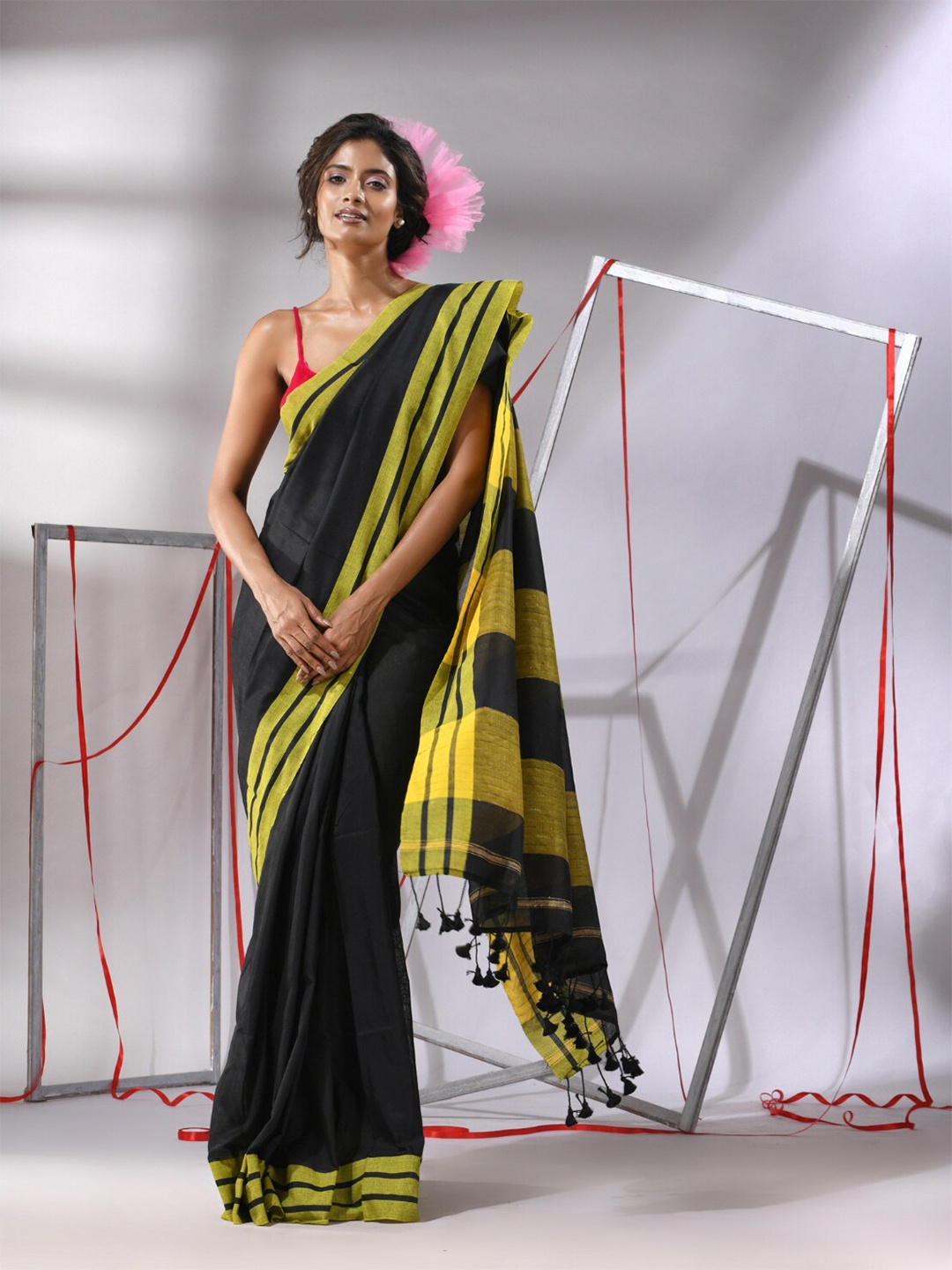 

Charukriti Striped Border Pure Cotton Saree, Black