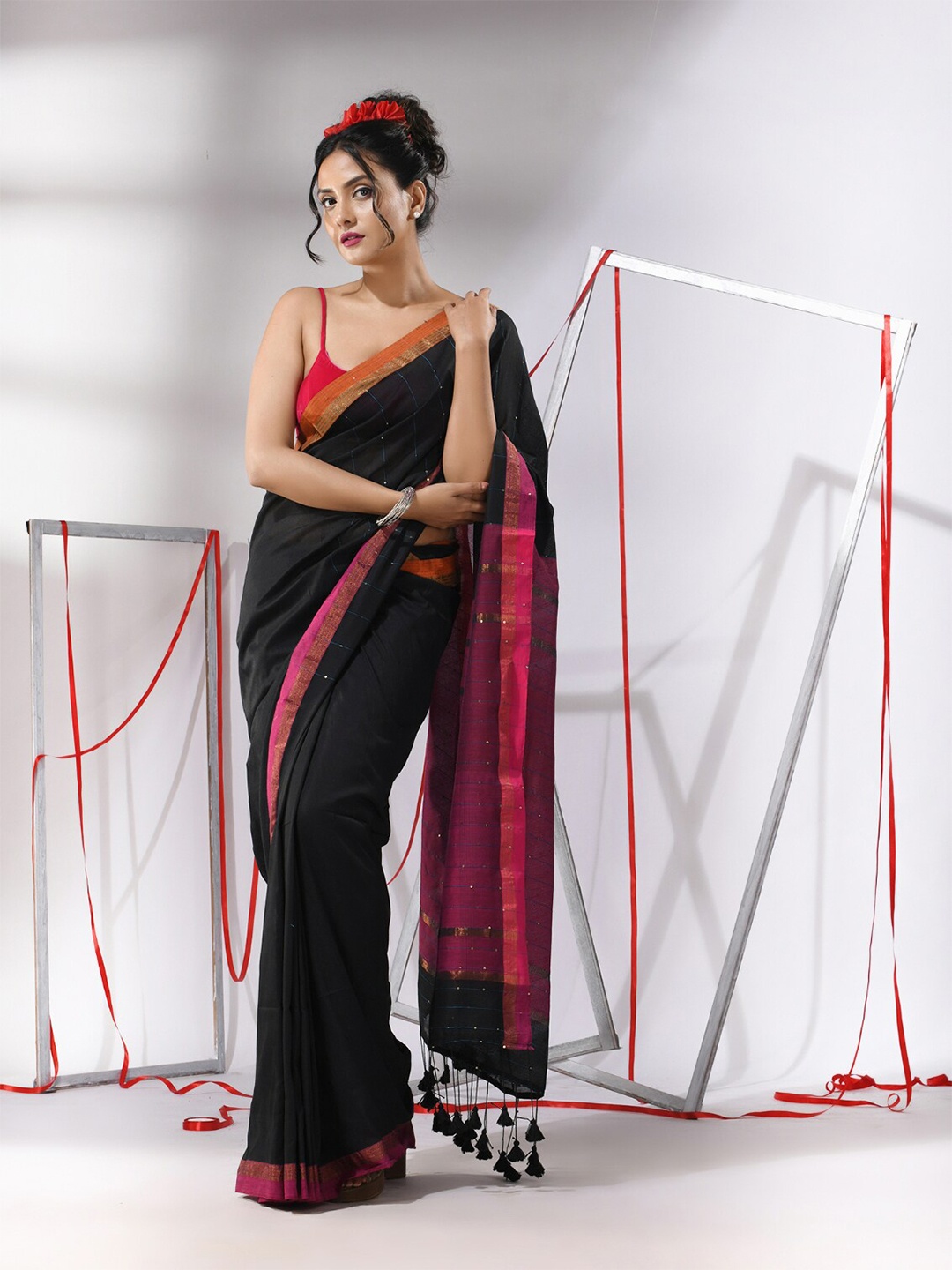 

Charukriti Striped Zari Pure Cotton Saree, Black