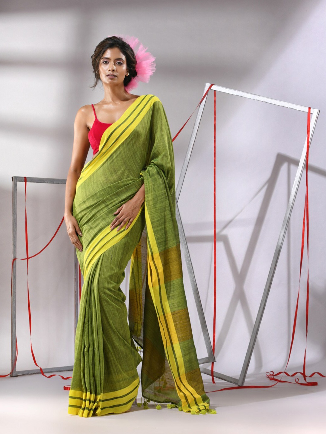 

Charukriti Striped Pure Cotton Saree, Green