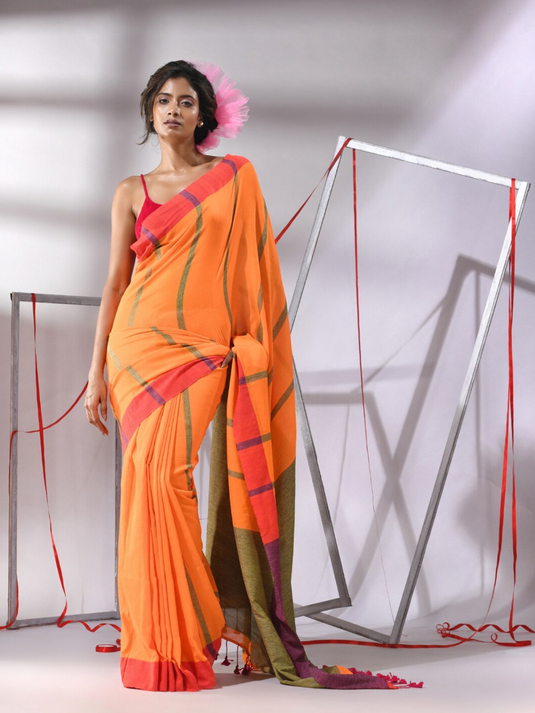 

Charukriti Striped Pure Cotton Saree, Orange