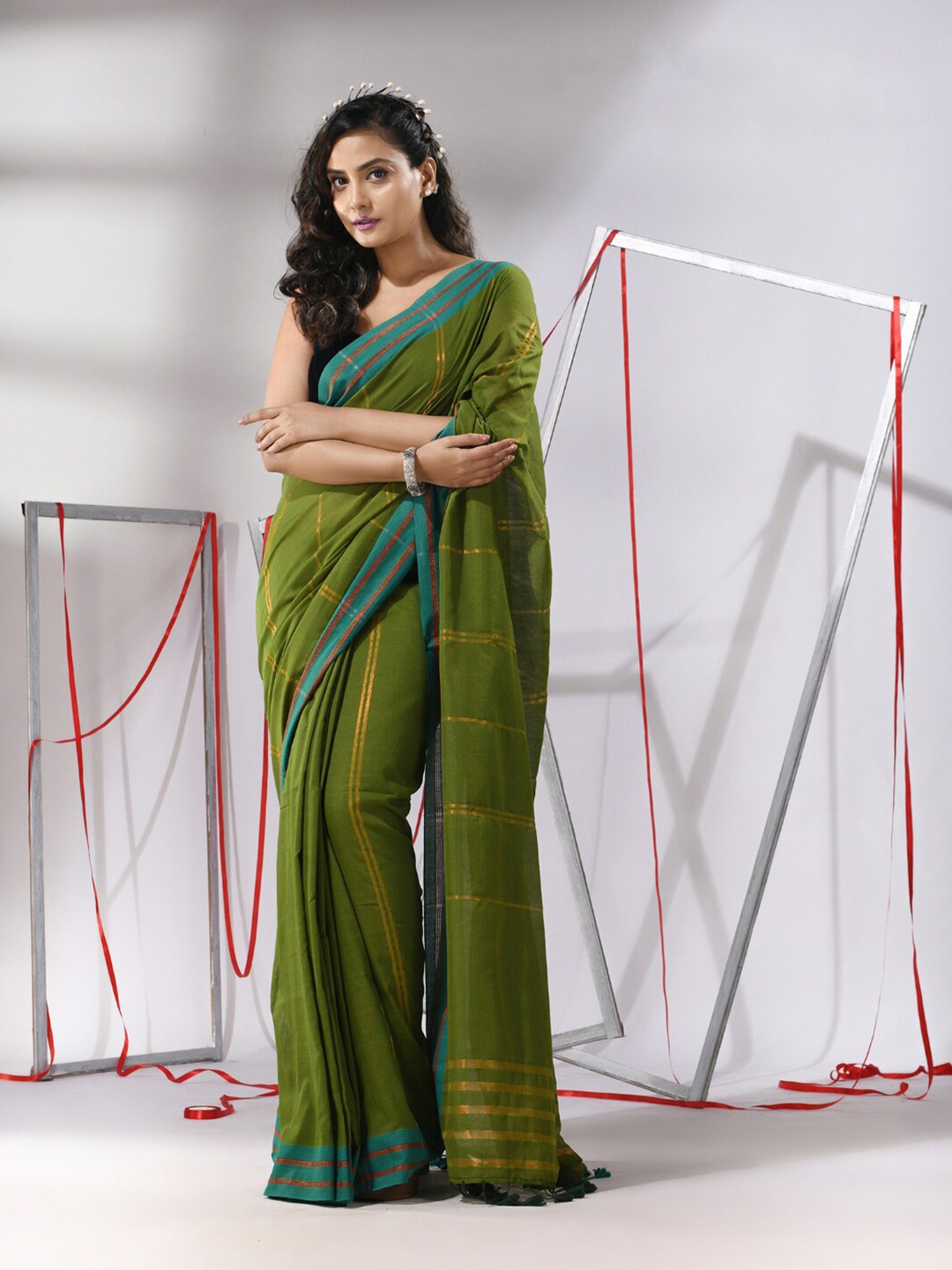 

Charukriti Striped Zari Pure Cotton Saree, Green