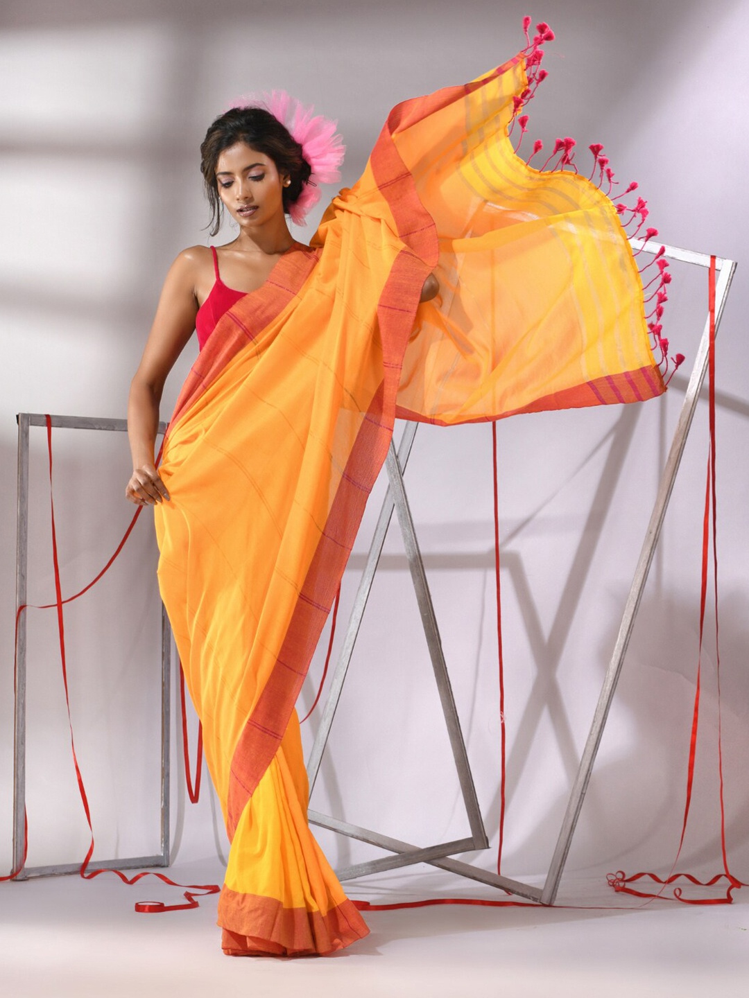 

Charukriti Striped Zari Pure Cotton Saree, Yellow