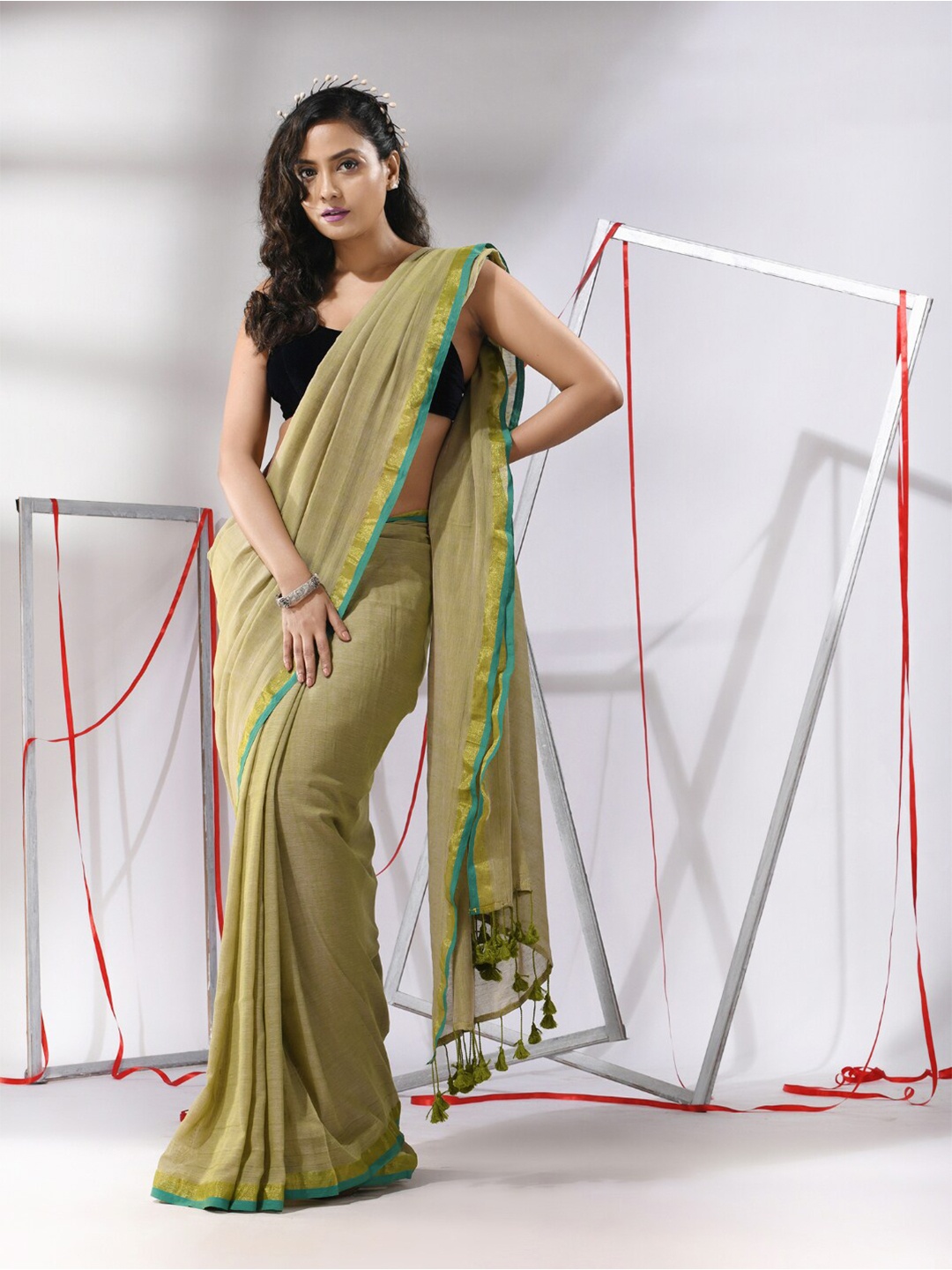 

Charukriti Zari Border Pure Cotton Saree, Green