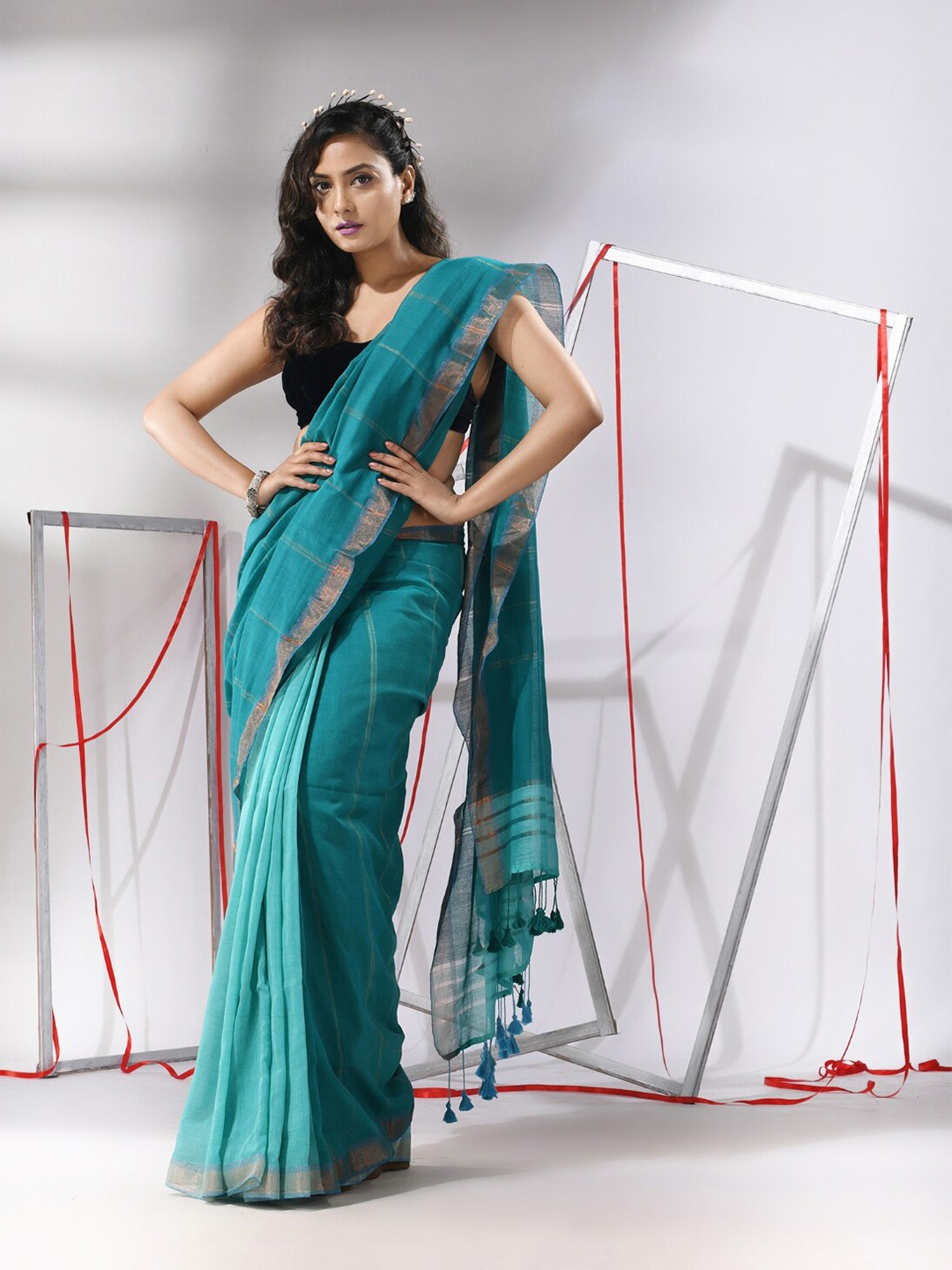 

Charukriti Striped Zari Pure Cotton Saree, Teal