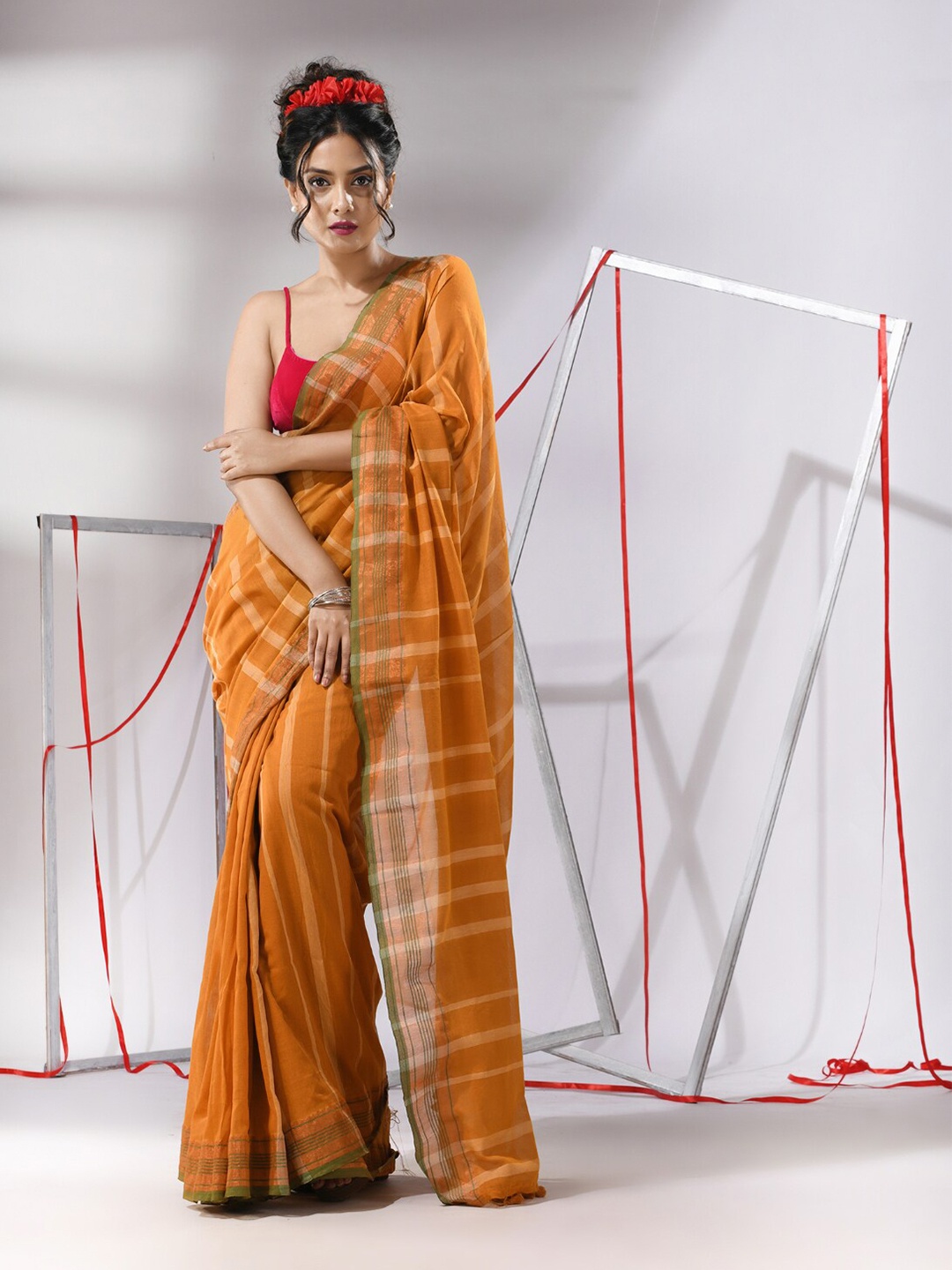 

Charukriti Striped Zari Pure Cotton Saree, Rust