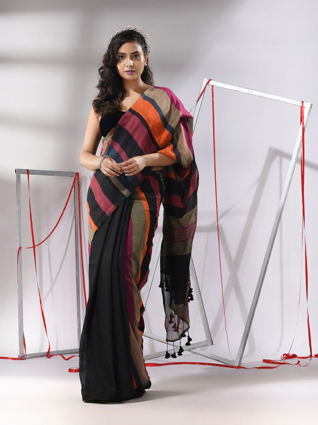 

Charukriti Striped Pure Cotton Saree, Black