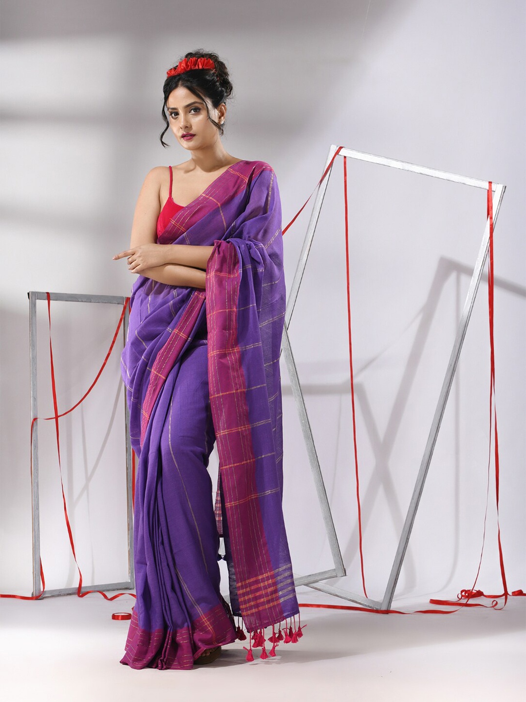 

Charukriti Striped Pure Cotton Saree, Purple