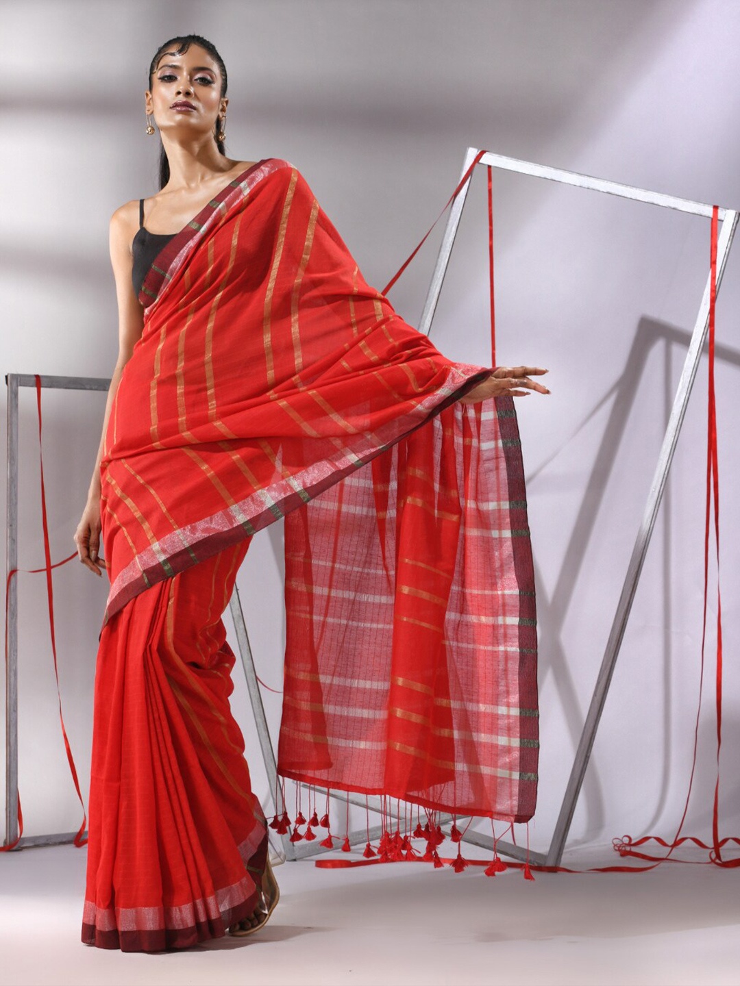 

Charukriti Striped Zari Pure Cotton Saree, Red