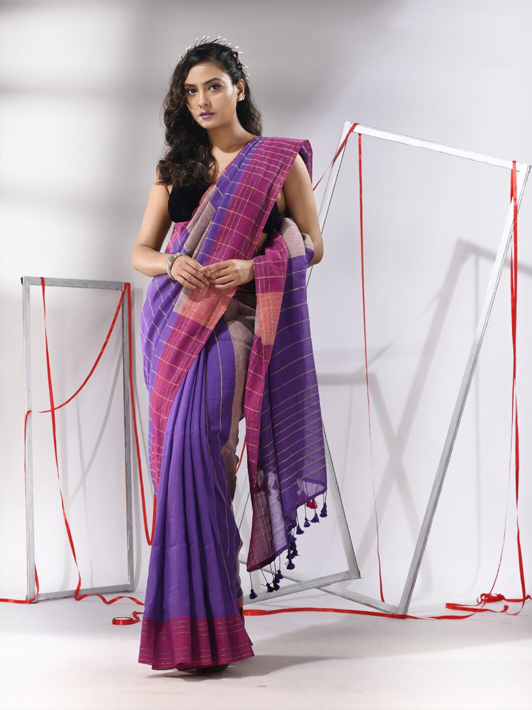 

Charukriti Striped Zari Pure Cotton Saree, Purple