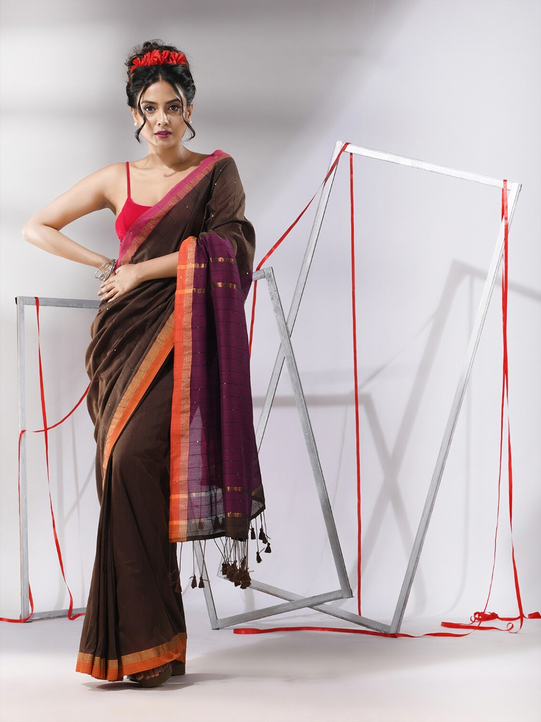 

Charukriti Striped Sequinned Detailed Pure Cotton Saree, Brown