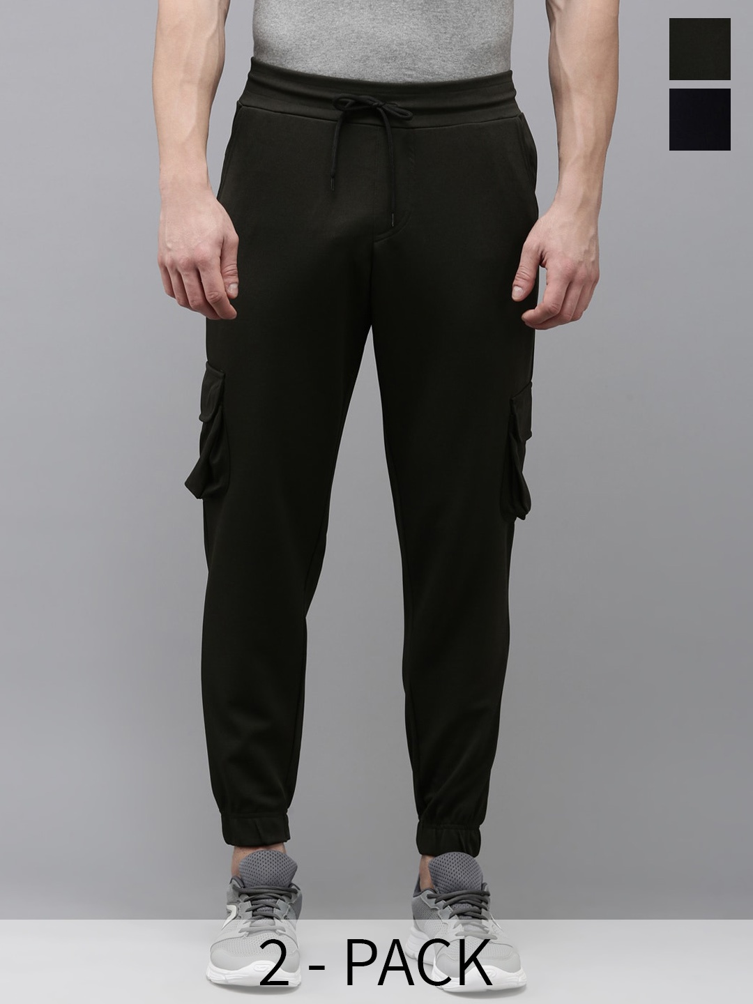 

MADSTO Men Pack Of 2 Cotton Cargo Joggers, Black