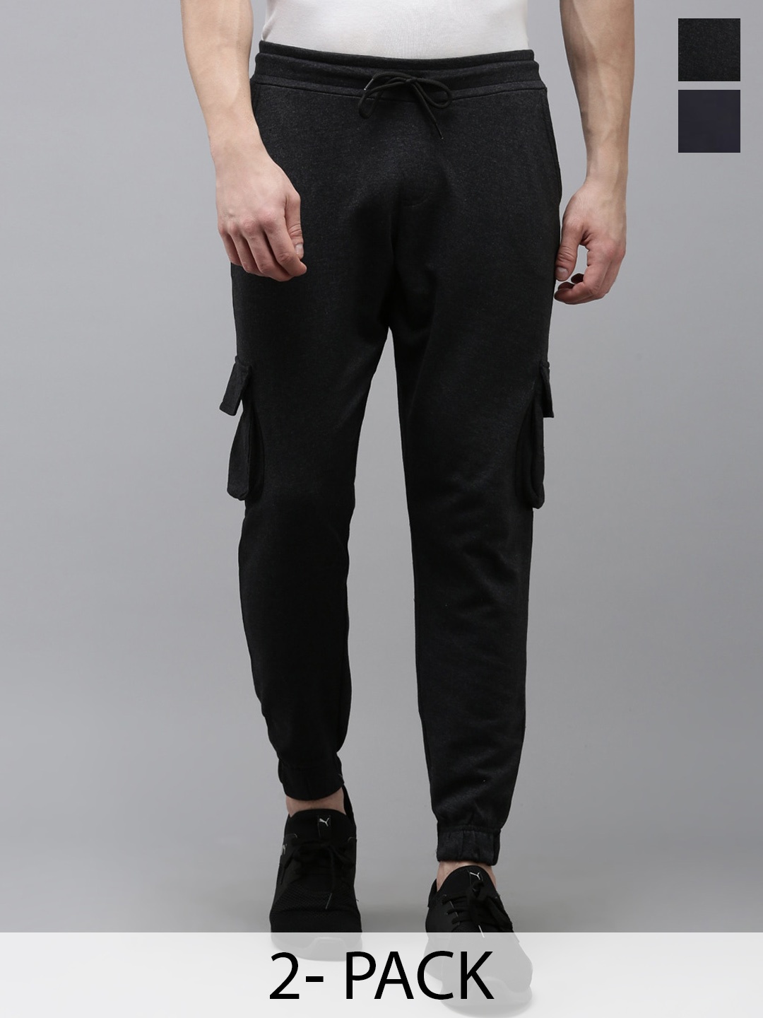 

MADSTO Men Pack Of 2 Regular Fit Cotton Joggers, Charcoal