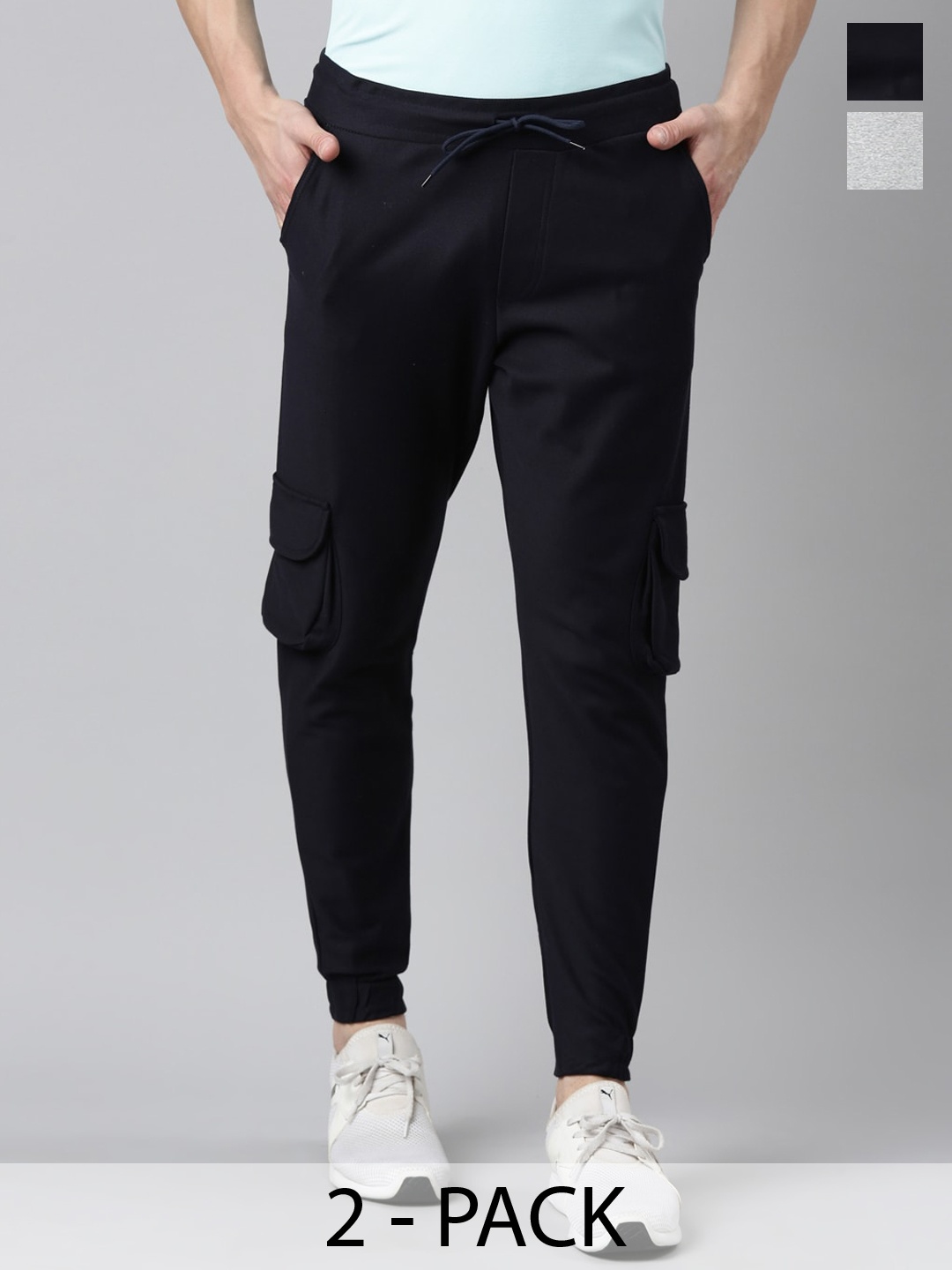 

MADSTO Men Pack Of 2 Cotton Mid-Rise Joggers, Navy blue