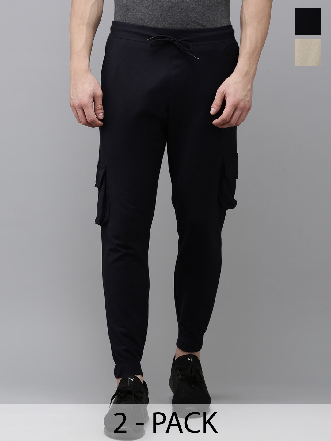 

MADSTO Men Pack Of 2 Cotton Mid-Rise Joggers, Black